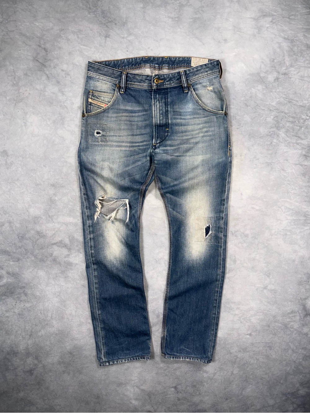 Vintage Diesel 2000s Blue Distressed Patchwork Dirty Washed Y2K Denim Jeans